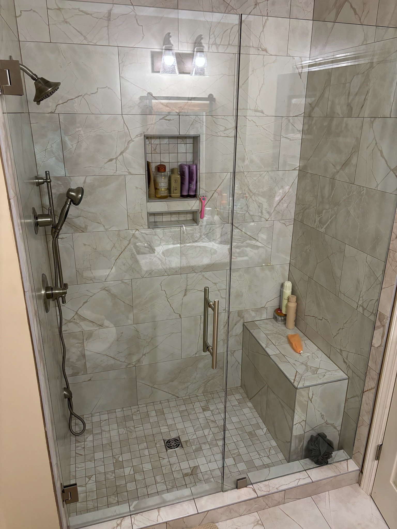 Marble tile walk-in shower
